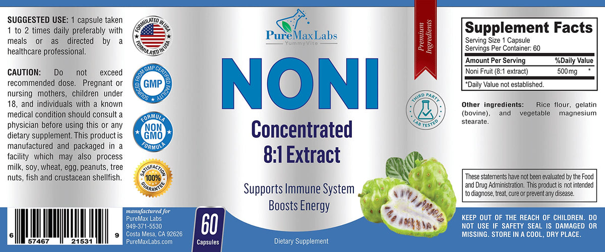Authentic USA imported YUMMYVITE noni capsules package detailing 4000mg equivalent