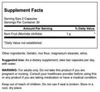 Back label of Swanson Noni Active capsules displaying ingredients dosage instructions and authentic product barcodes