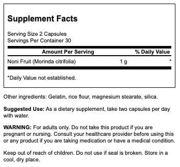 Back label of Swanson Noni Active capsules displaying ingredients dosage instructions and authentic product barcodes