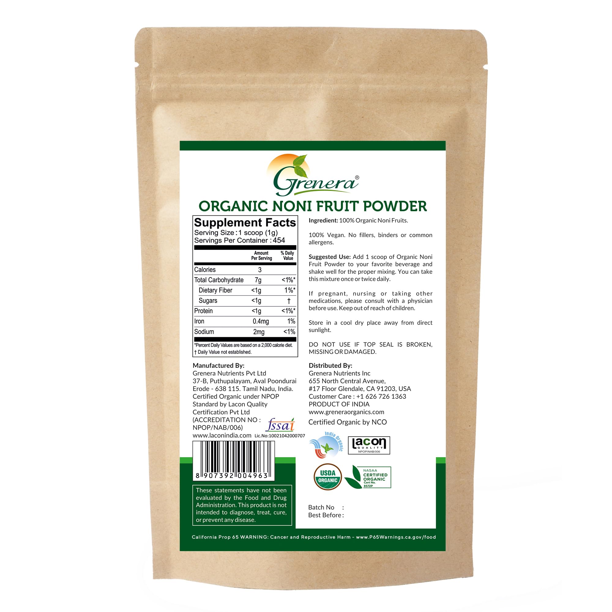 Grenera herbal superfood supplement nutrition facts panel close up