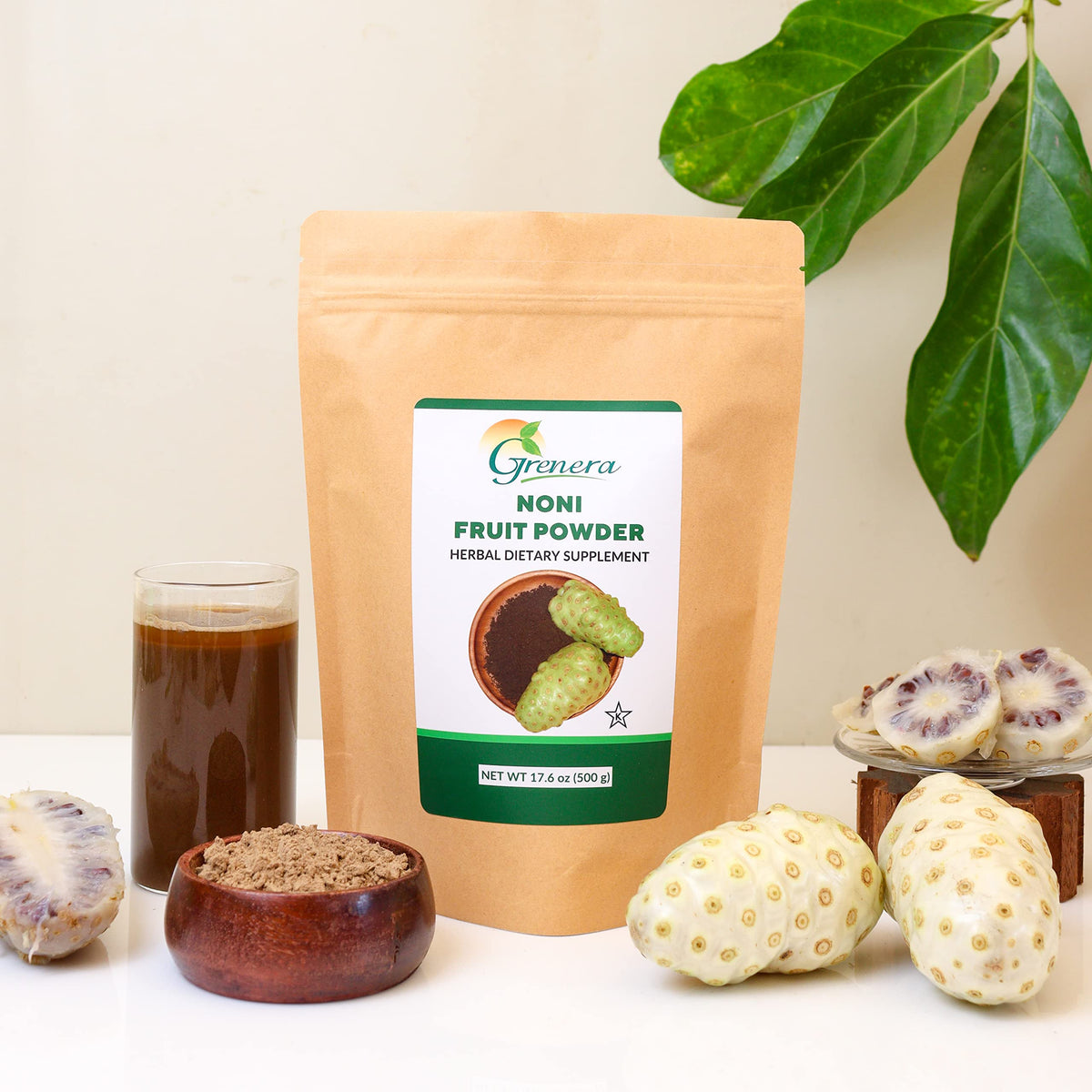 Organic noni fruit powder texture showing fine natural consistency