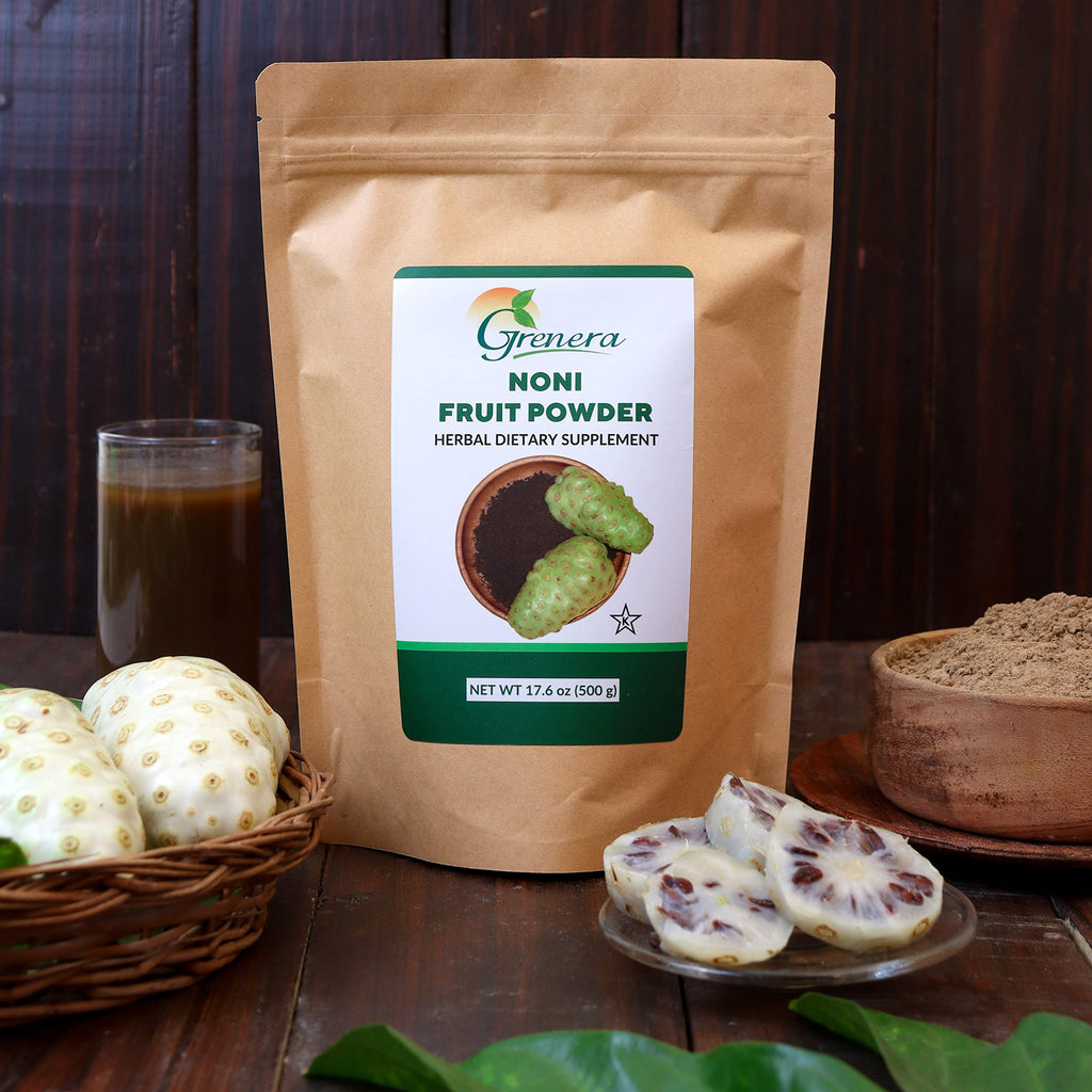 Premium green pouch of certified organic noni powder on clean background