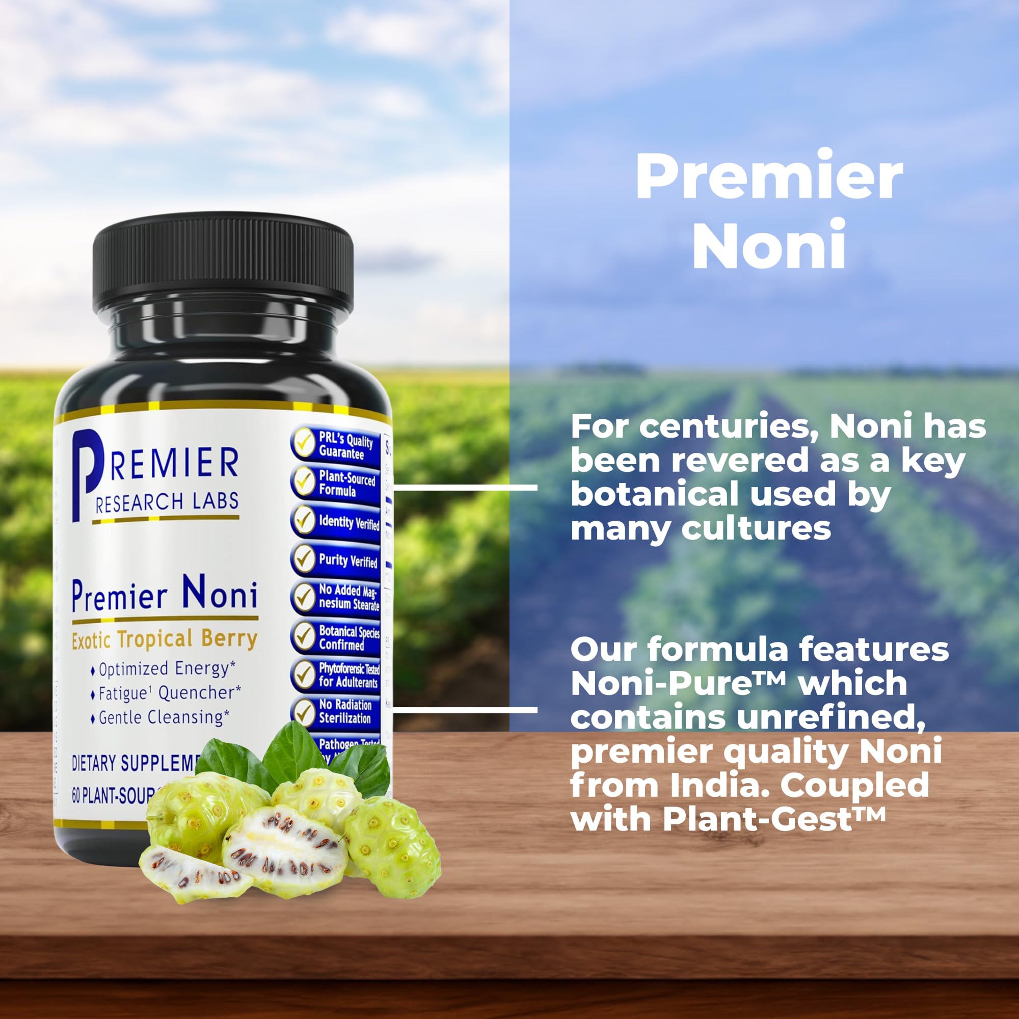 Premier Research Labs Premier Noni supplement bottle side panel showing clean organic ingredients.