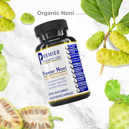 Unrefined Morinda citrifolia powder capsules from Premier Research Labs for immune system wellness.