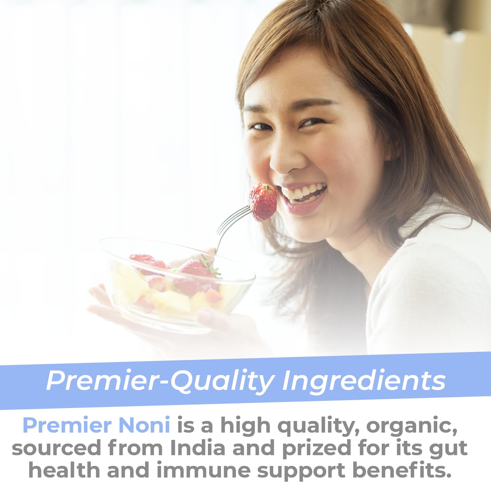 Low temperature air dried organic noni fruit capsules for natural antioxidant defense.