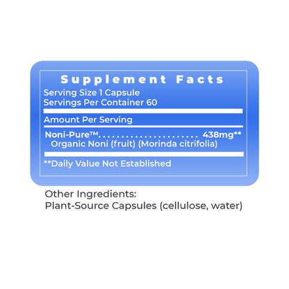 Premier Research Labs Noni 60 vegetarian capsules nutritional information and usage directions.