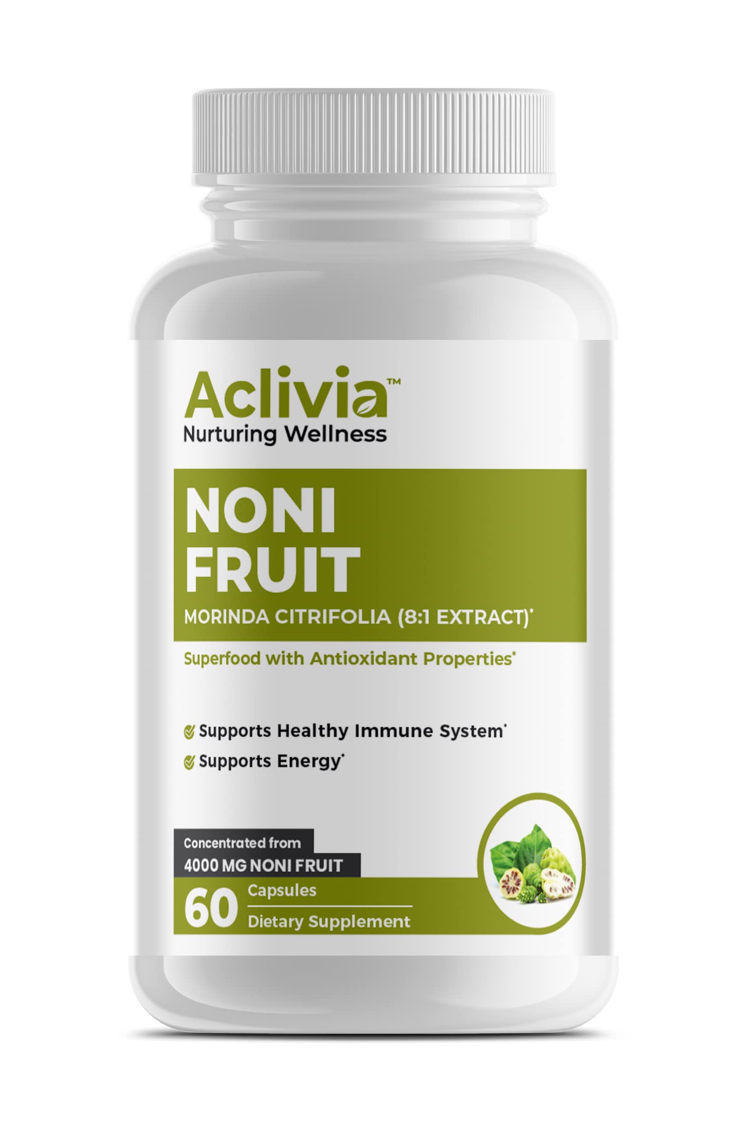 Authentic USA imported Aclivia Noni Fruit dietary supplement veggie capsules.