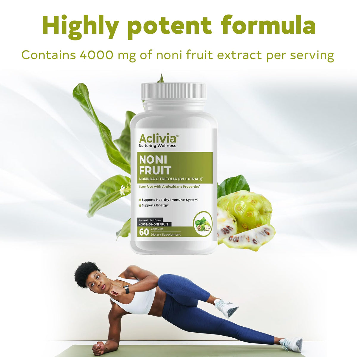Close up of Aclivia Morinda Citrifolia capsule bottle for vitality.