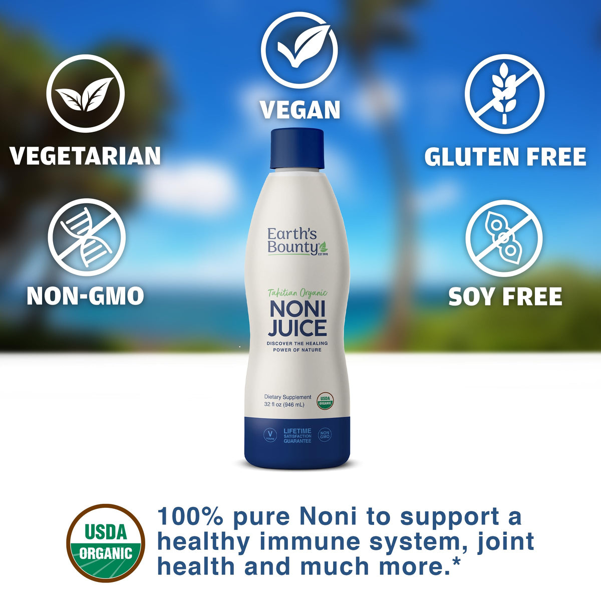 Side profile of Earth's Bounty Tahitian noni juice showing pure ingredients and directions