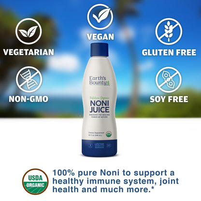 Side profile of Earth's Bounty Tahitian noni juice showing pure ingredients and directions