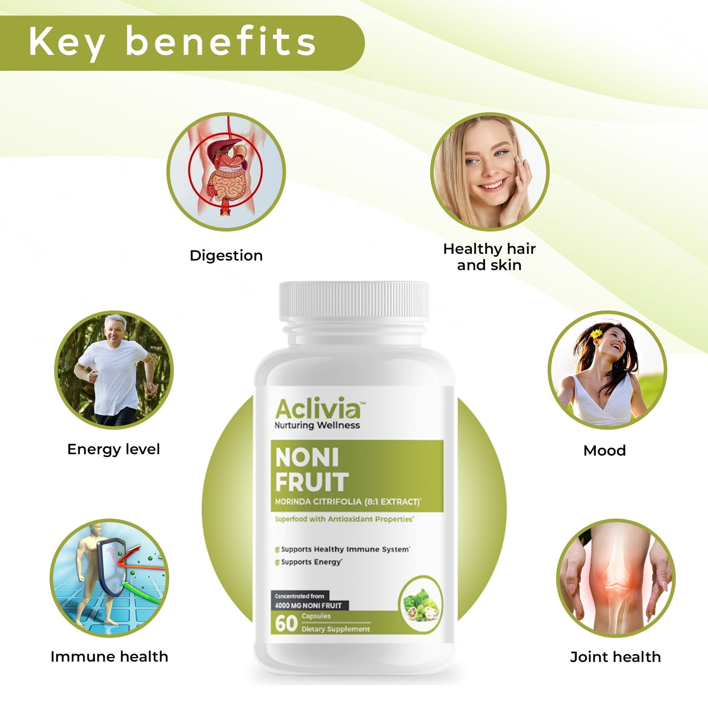Antioxidant rich noni fruit capsules by Aclivia for joint health.
