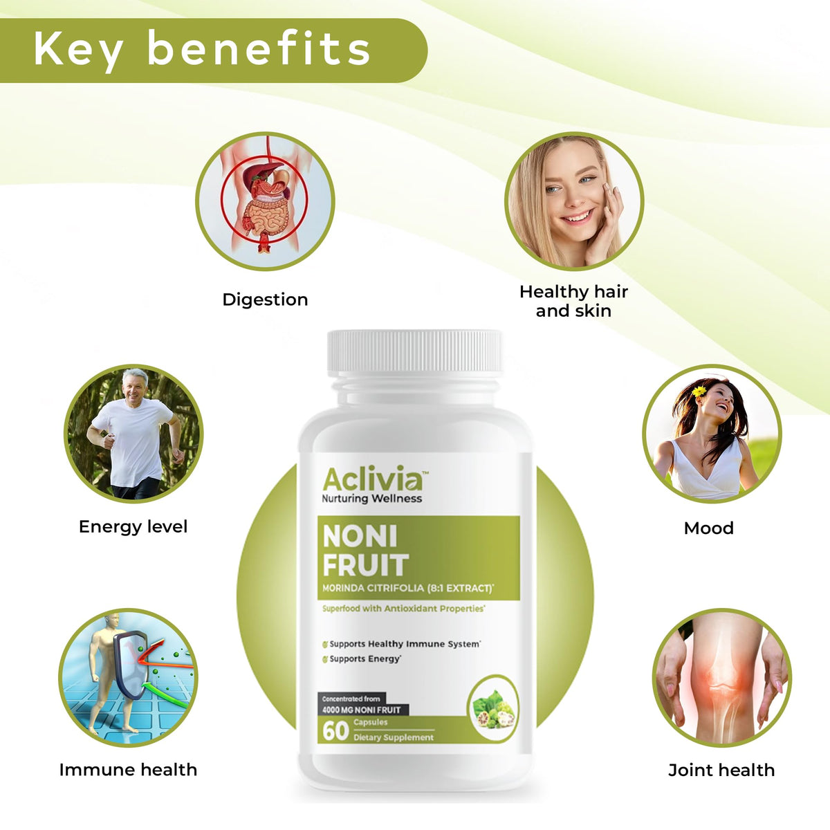 Antioxidant rich noni fruit capsules by Aclivia for joint health.