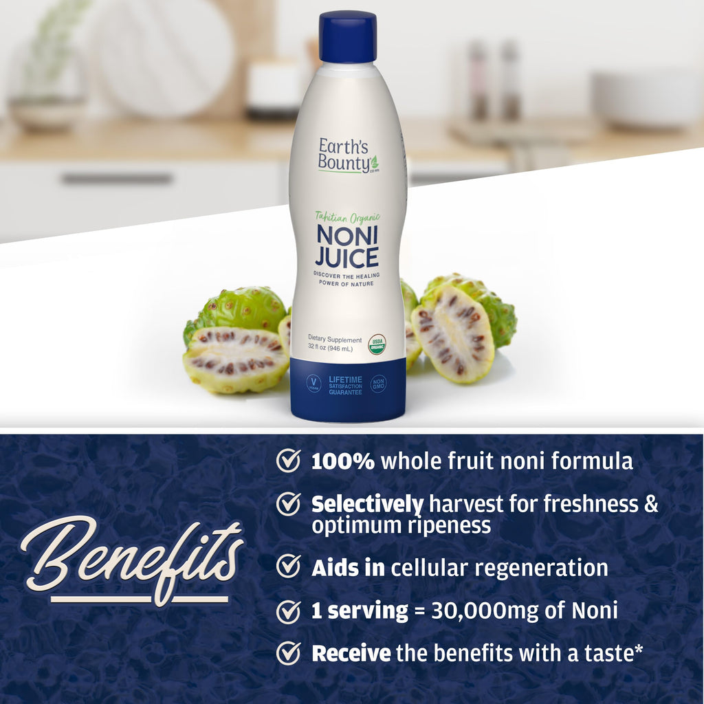 Authentic imported Earth's Bounty 100 percent pure noni juice bottle for joint wellness