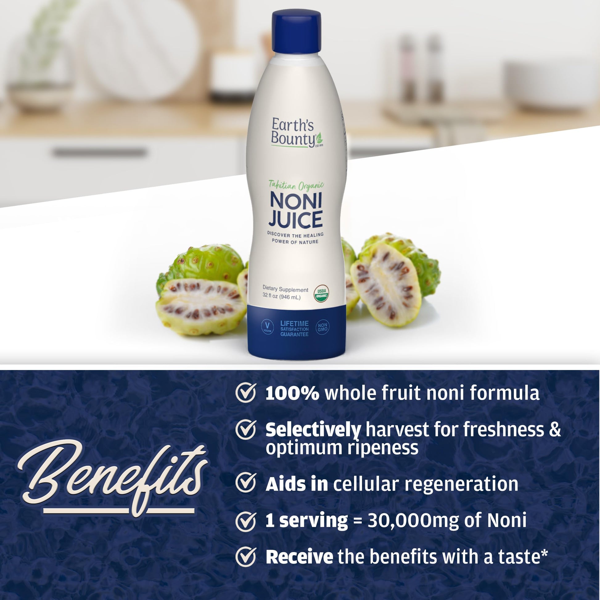 Authentic imported Earth's Bounty 100 percent pure noni juice bottle for joint wellness