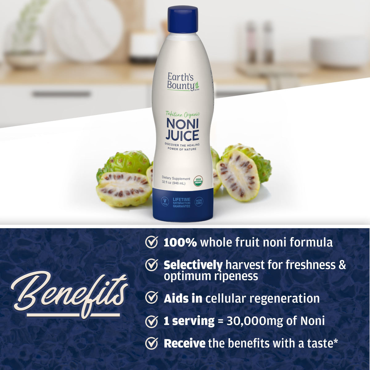 Authentic imported Earth's Bounty 100 percent pure noni juice bottle for joint wellness