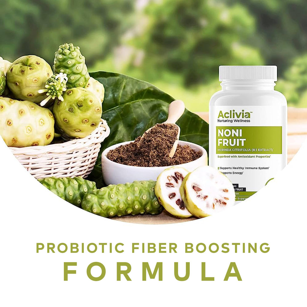 Sixty count bottle of Aclivia Hawaiian Noni capsules for digestion.