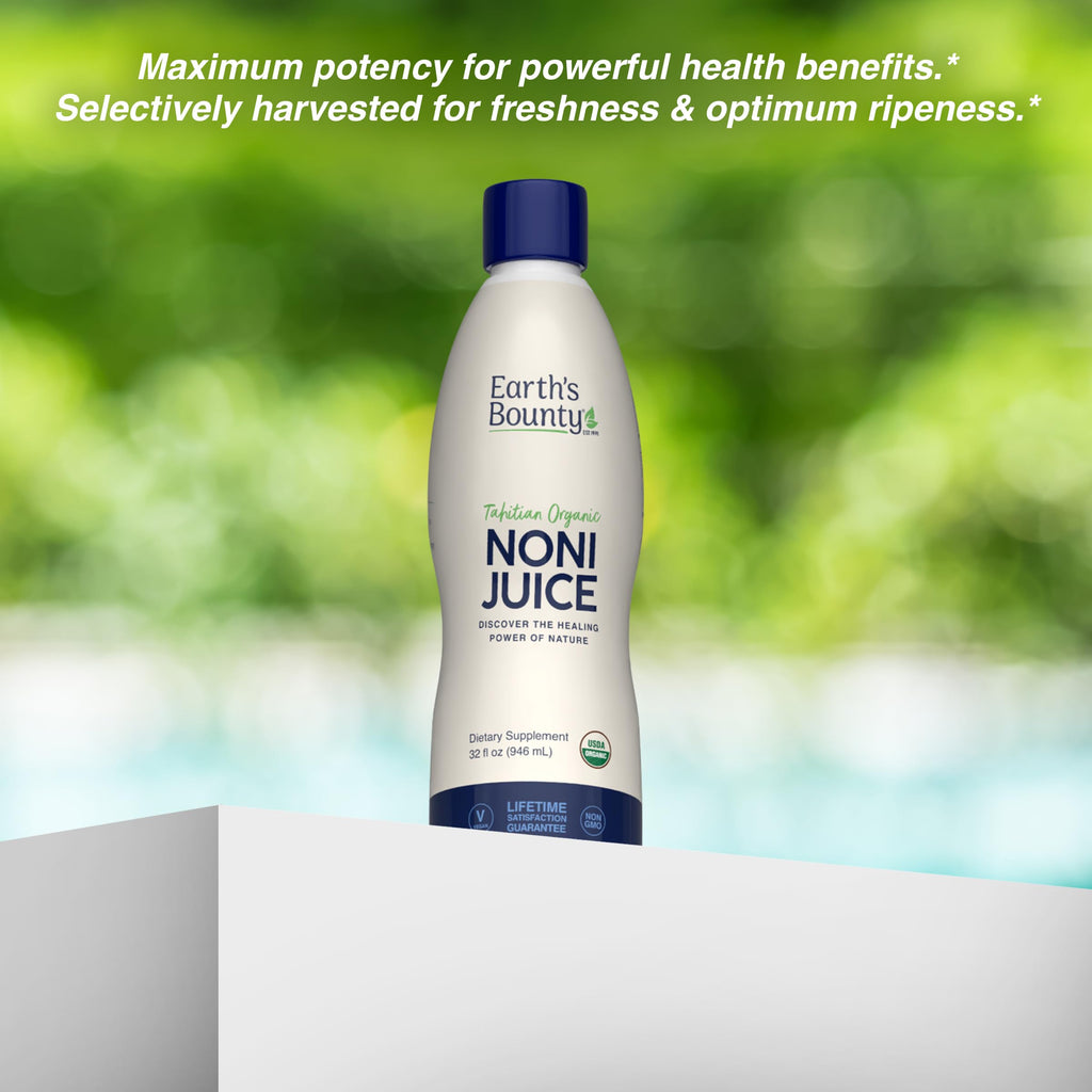 Vegan and Non-GMO certified Earth's Bounty organic noni juice 32 Fluid Ounce packaging