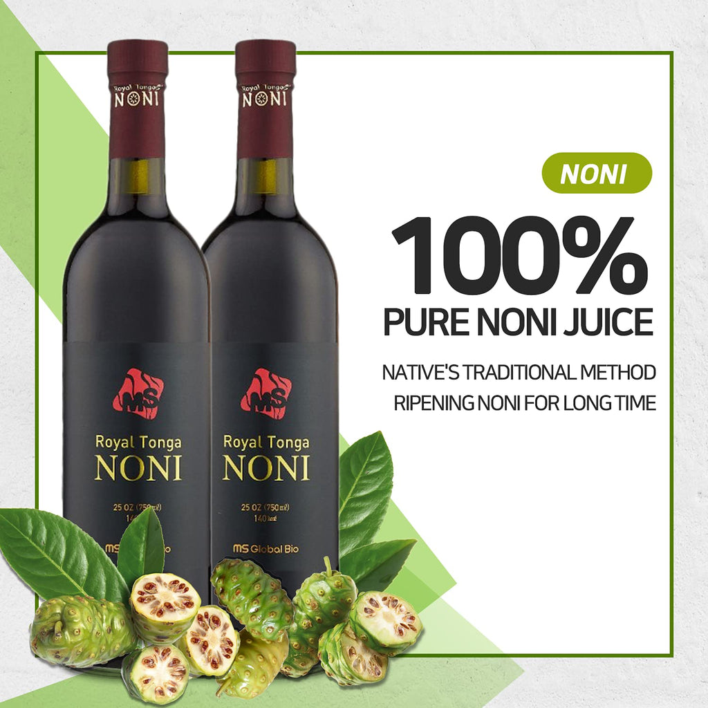 Side view of authentic Polynesian aged noni juice bottle showing nutritional value facts