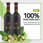 Side view of authentic Polynesian aged noni juice bottle showing nutritional value facts