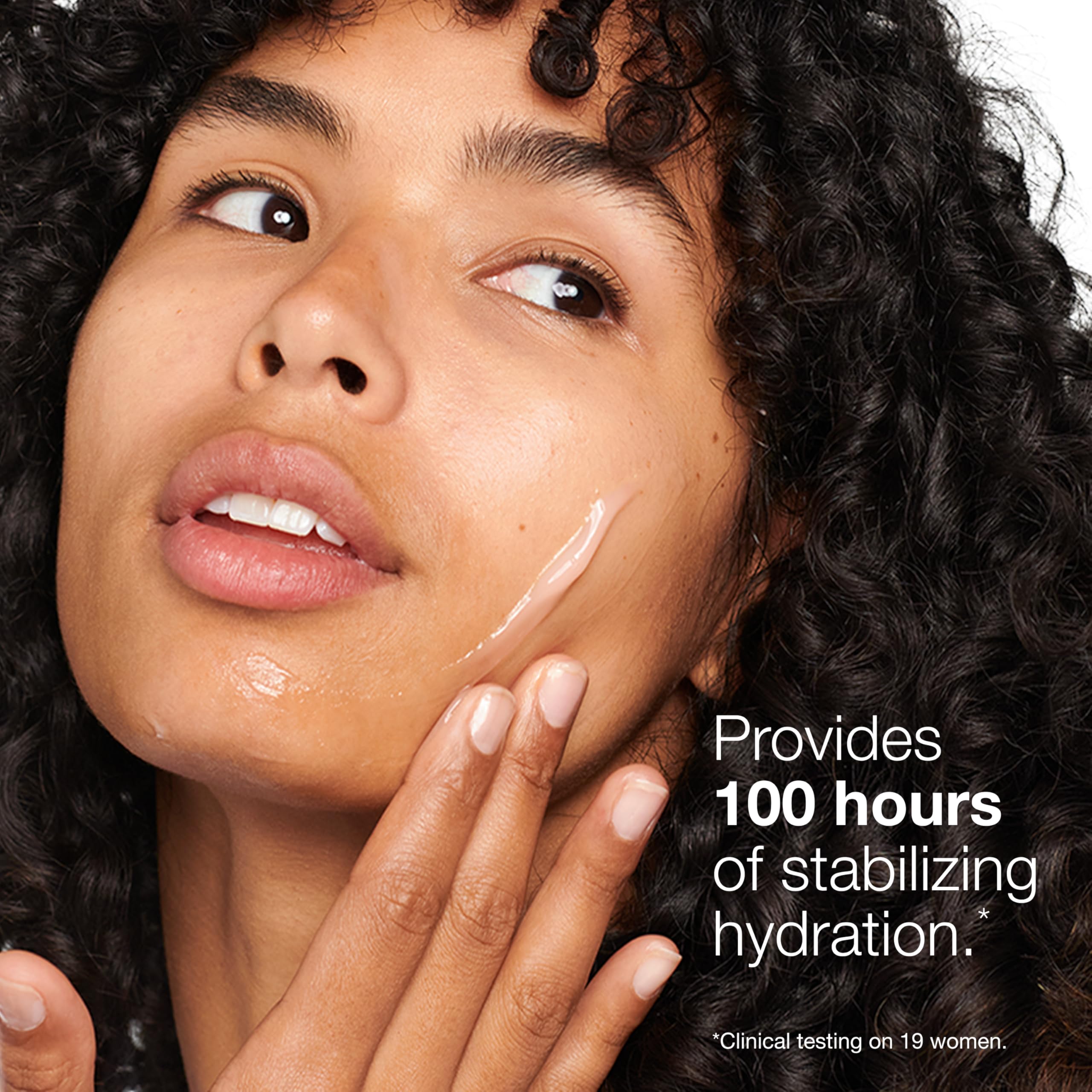 Side angle of Clinique Moisture Surge 100H auto-replenishing hydrator packaging with clear product labels