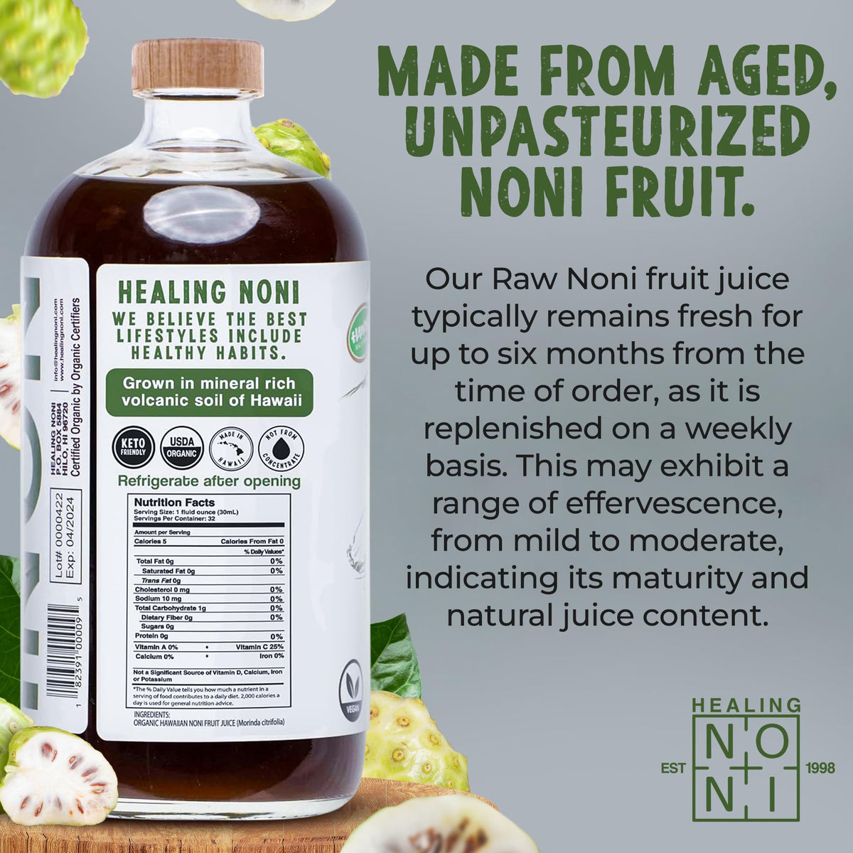 Healing Noni 32 Fluid Ounce glass bottle displaying USDA Organic logo