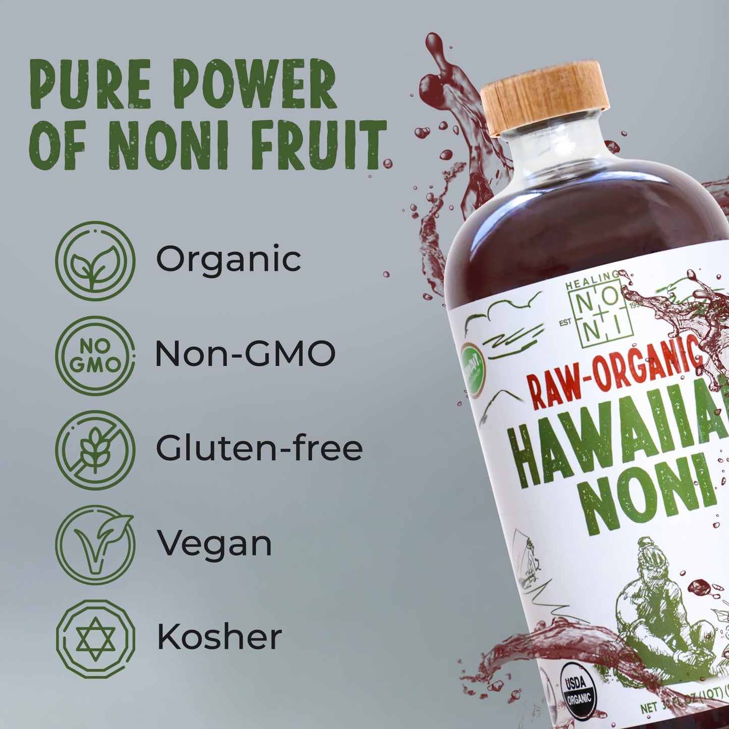 Authentic Healing Noni premium strength raw superfood juice bottle angled view