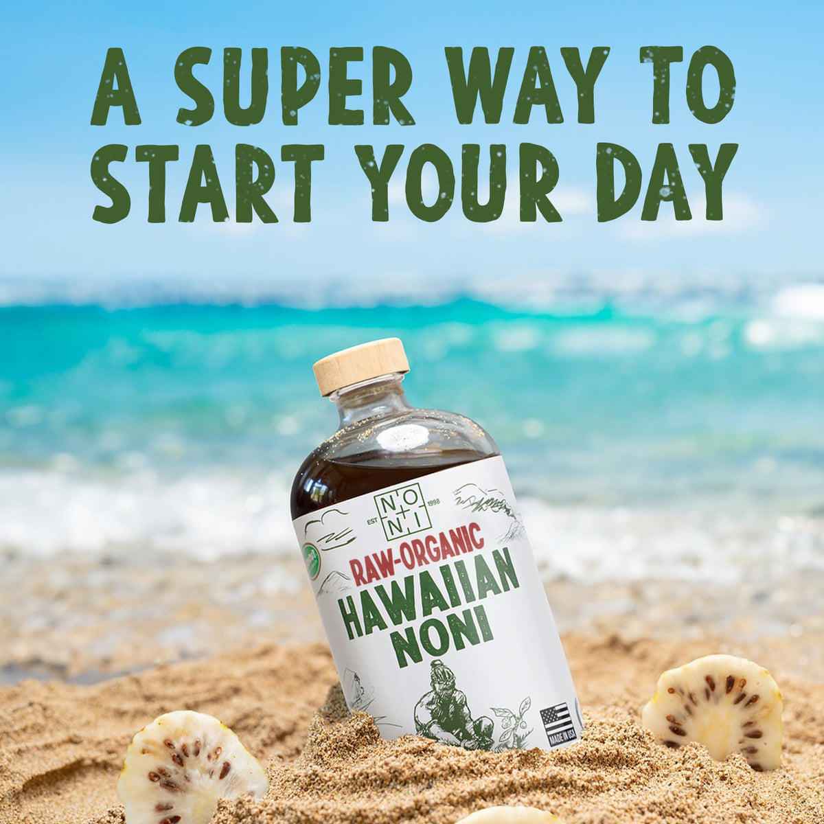 Healing Noni Hawaiian grown raw noni juice glass bottle top cap and seal detail