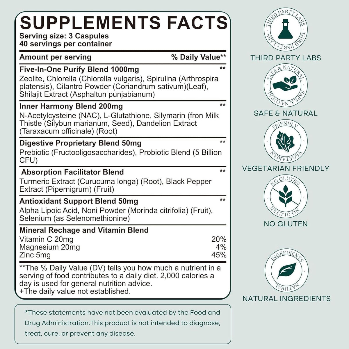Close up of KEDISOM daily antioxidant wellness bottle highlights featuring noni and spirulina ingredients