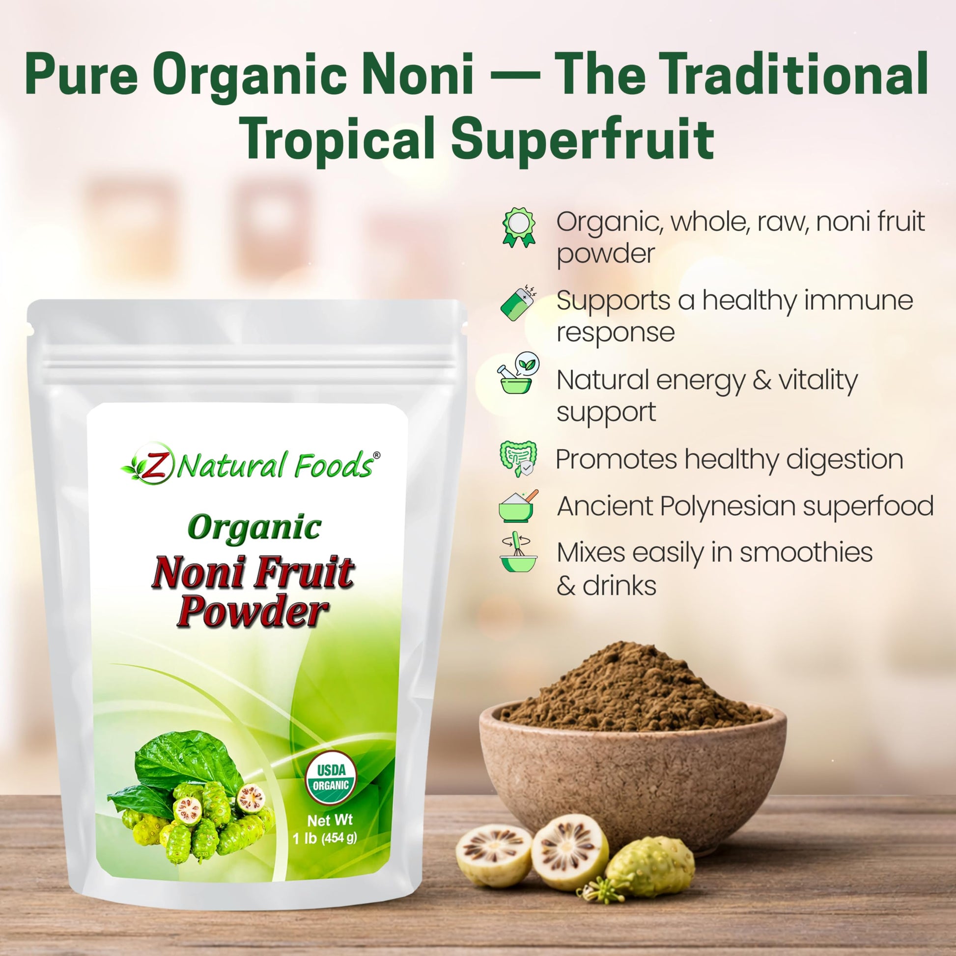 Organic raw noni fruit powder superfood for healthy digestion