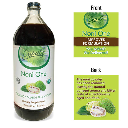 Authentic imported thirty two fluid ounce organic noni liquid supplement bottle