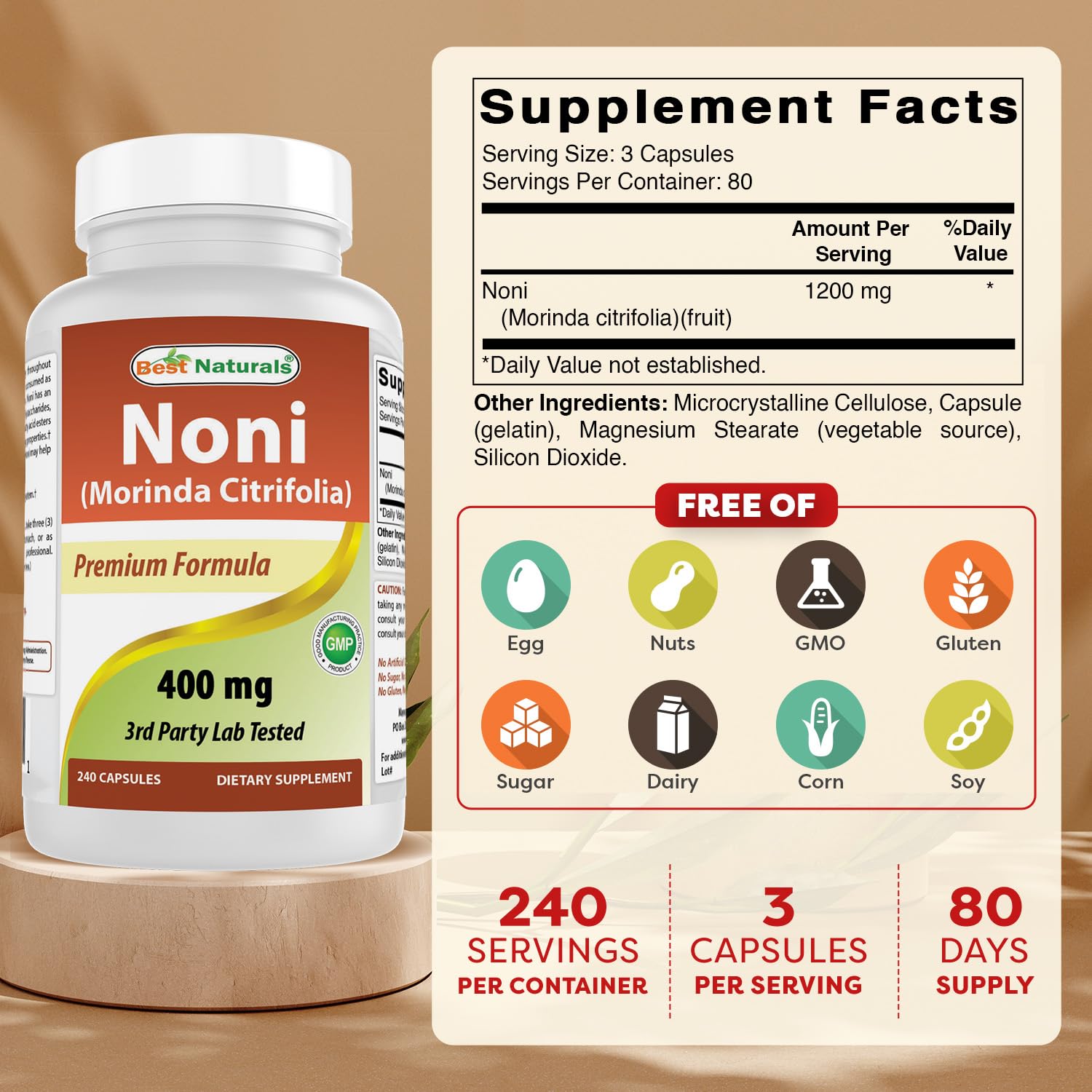 Best Naturals Noni 400mg supplement facts label showing ingredients and serving size