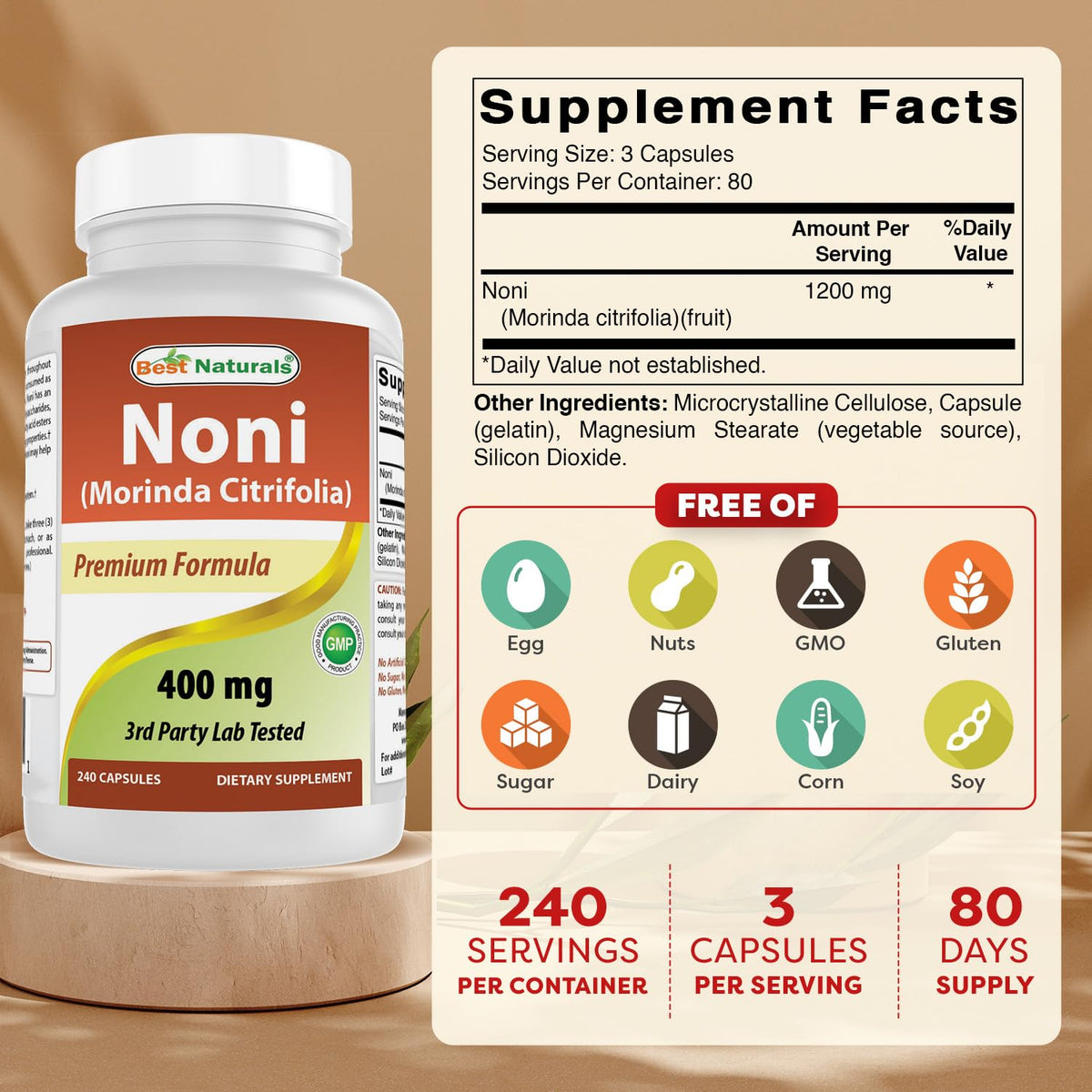 Best Naturals Noni 400mg supplement facts label showing ingredients and serving size