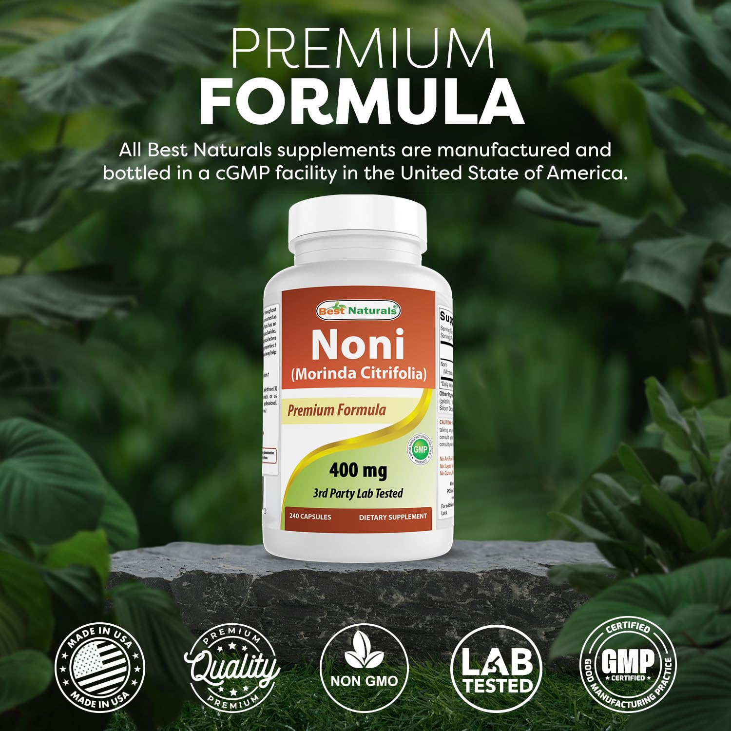 Close up view of the premium Morinda citrifolia extract capsules from Best Naturals