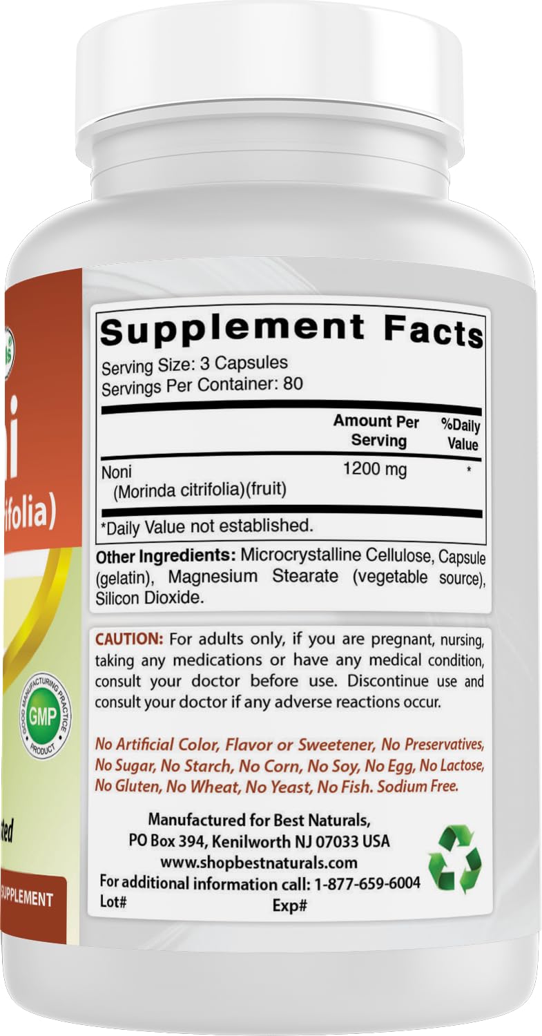 Side view of Best Naturals Noni bottle highlighting third party lab tested guarantee