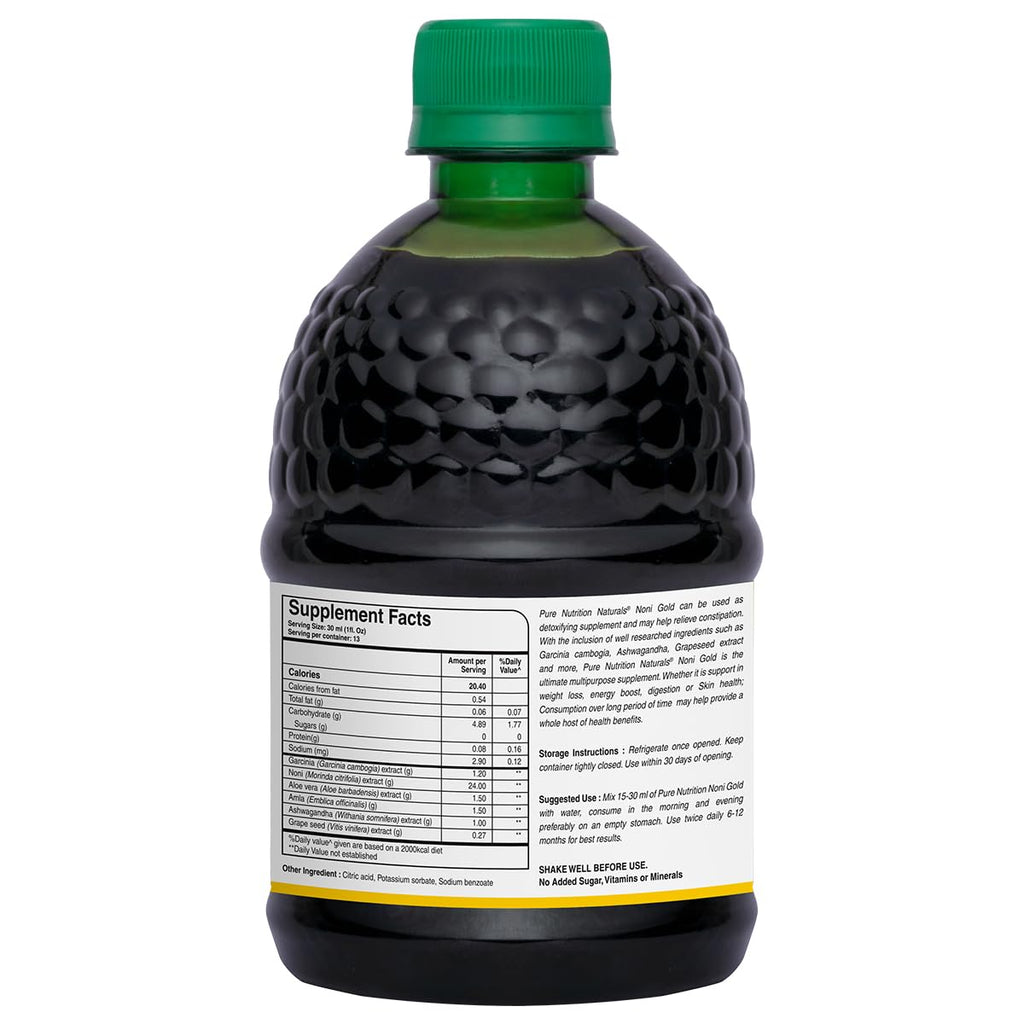 Back label of Pure Nutrition Noni Gold showing herbal ingredients like garcinia and amla