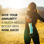 Daily wellness noni fruit juice concentrate poured into a measuring cap for dosage visualization