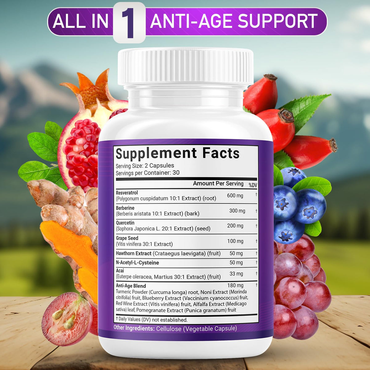 Side angle view of the authentic JB Wellness Co multi ingredient anti aging supplement bottle emphasizing clear product labeling.