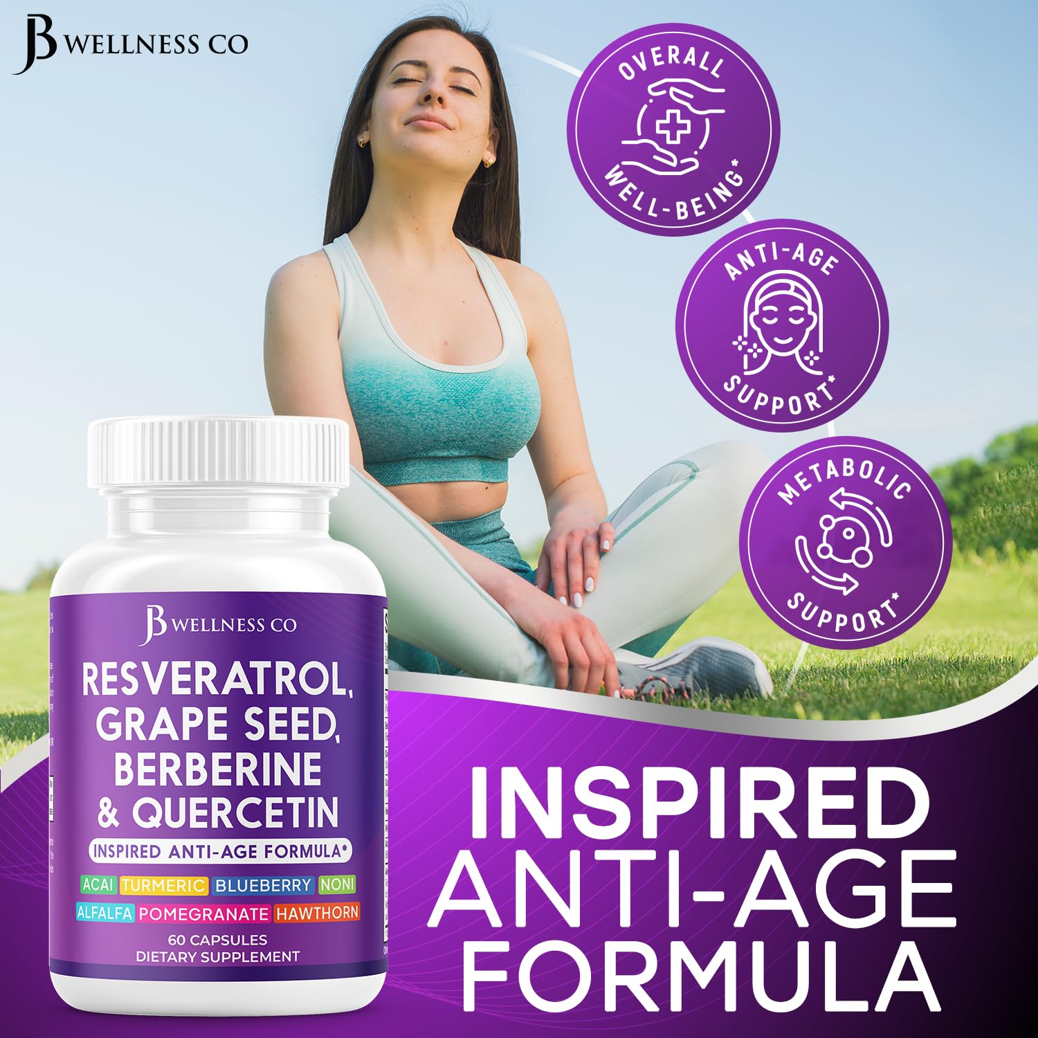 Supplement facts panel on the back of the imported JB Wellness Co Resveratrol bottle highlighting premium botanical ingredients.