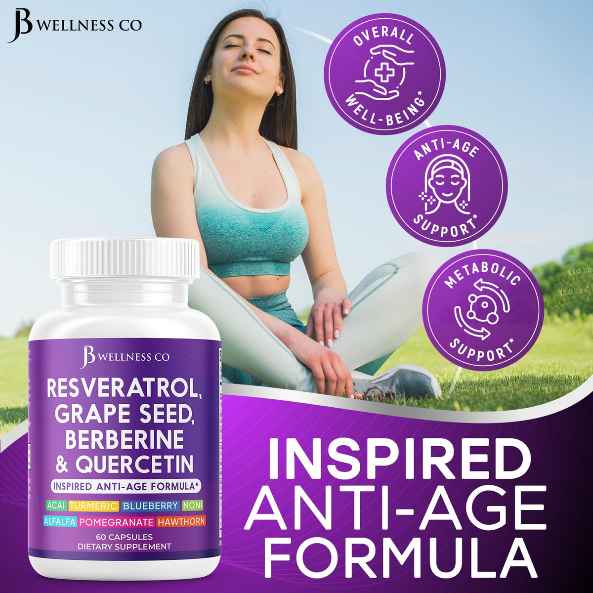 Supplement facts panel on the back of the imported JB Wellness Co Resveratrol bottle highlighting premium botanical ingredients.