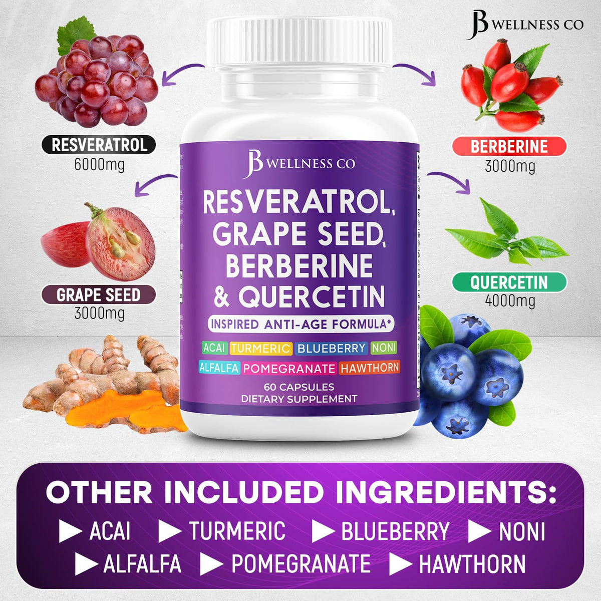 JB Wellness Co premium cellular vitality supplement bottle displayed with two dietary capsules next to it showing serving size.