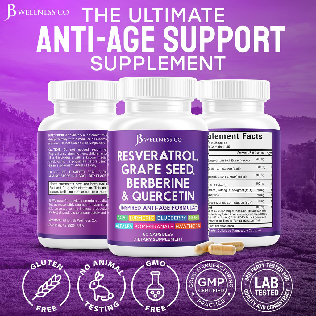 Full product packaging of the imported USA wellness formula showcasing the comprehensive anti aging blend design details.
