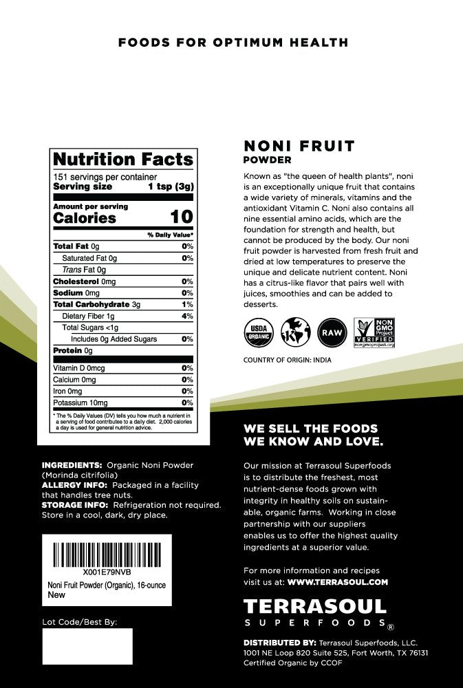Terrasoul Superfoods raw organic noni powder nutritional facts and certification labels close up view