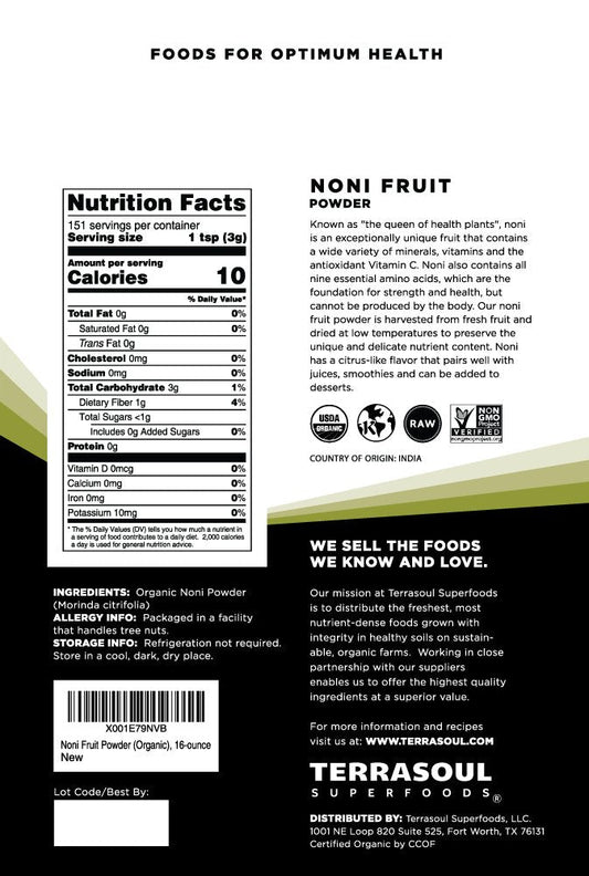 Terrasoul Superfoods raw organic noni powder nutritional facts and certification labels close up view