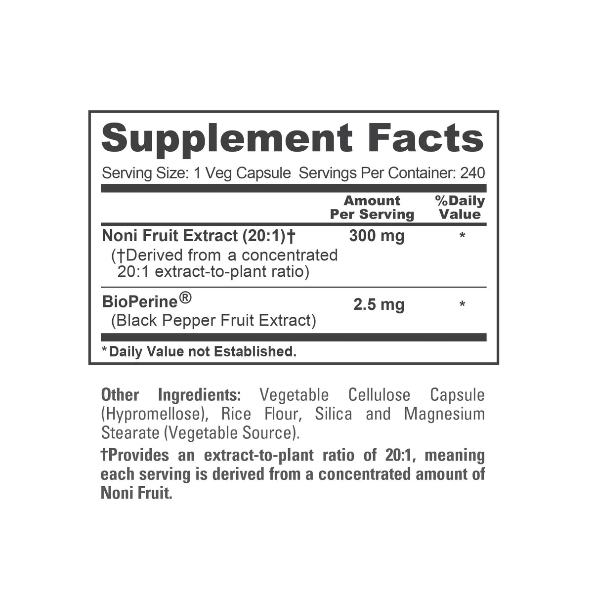 NusaPure Noni Fruit vegetarian formula with BioPerine absorption shield graphic