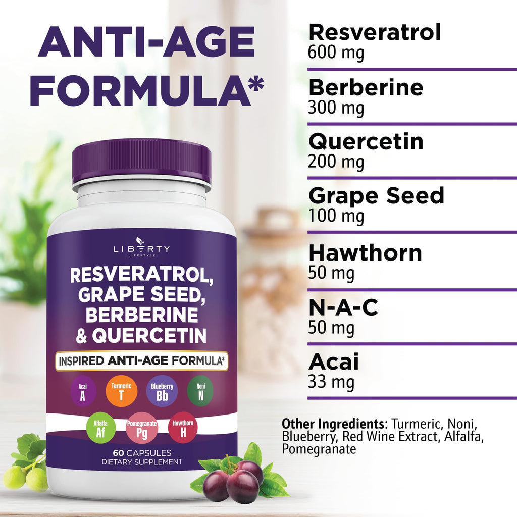 Liberty Lifestyle advanced anti aging supplement capsules showing 120 count nutritional value