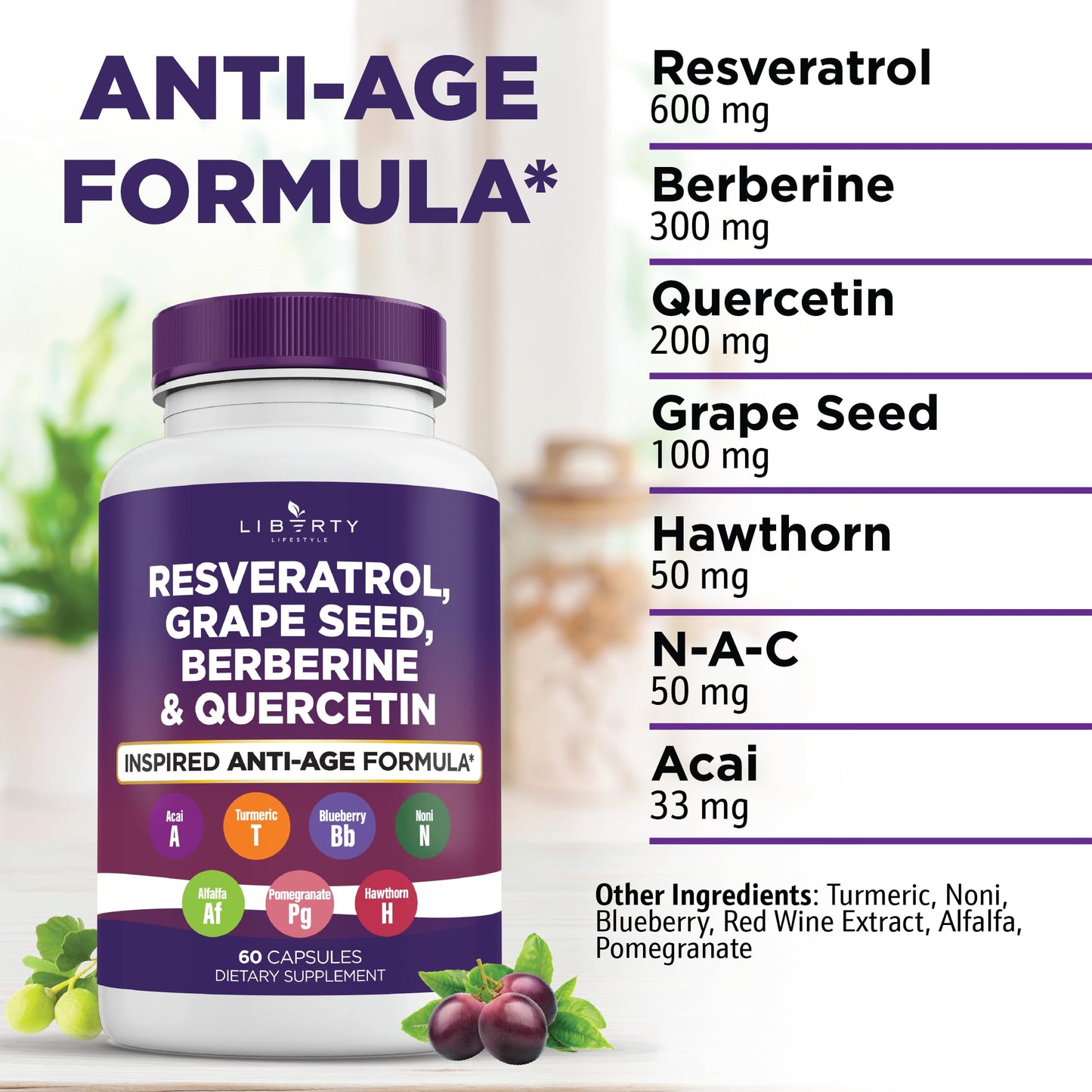 Liberty Lifestyle advanced anti aging supplement capsules showing 120 count nutritional value