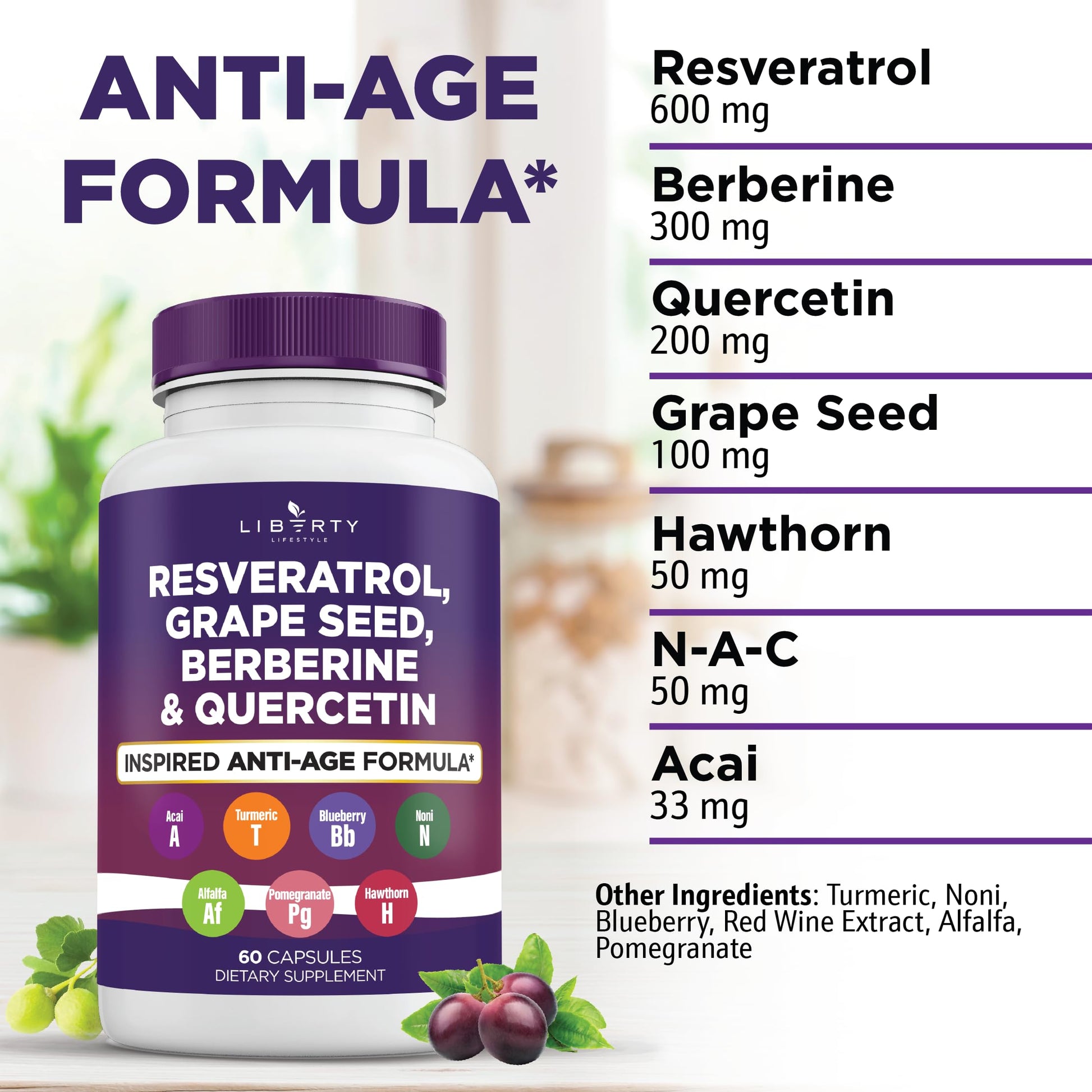 Liberty Lifestyle advanced anti aging supplement capsules showing 120 count nutritional value