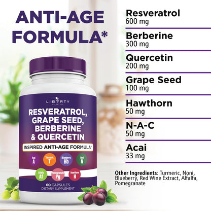Liberty Lifestyle advanced anti aging supplement capsules showing 120 count nutritional value