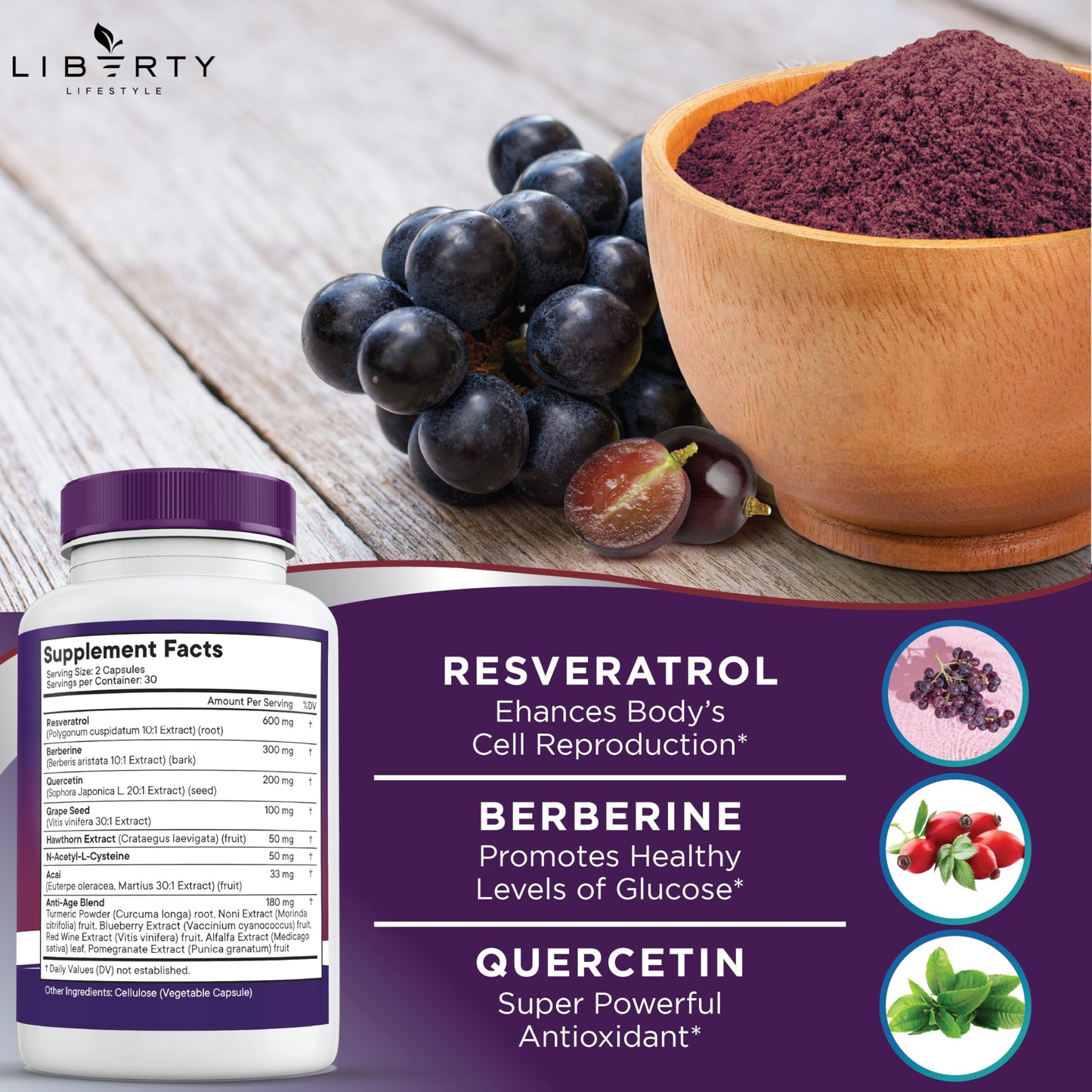 Liberty Lifestyle imported dietary supplement containing grape seed extract and quercetin side label