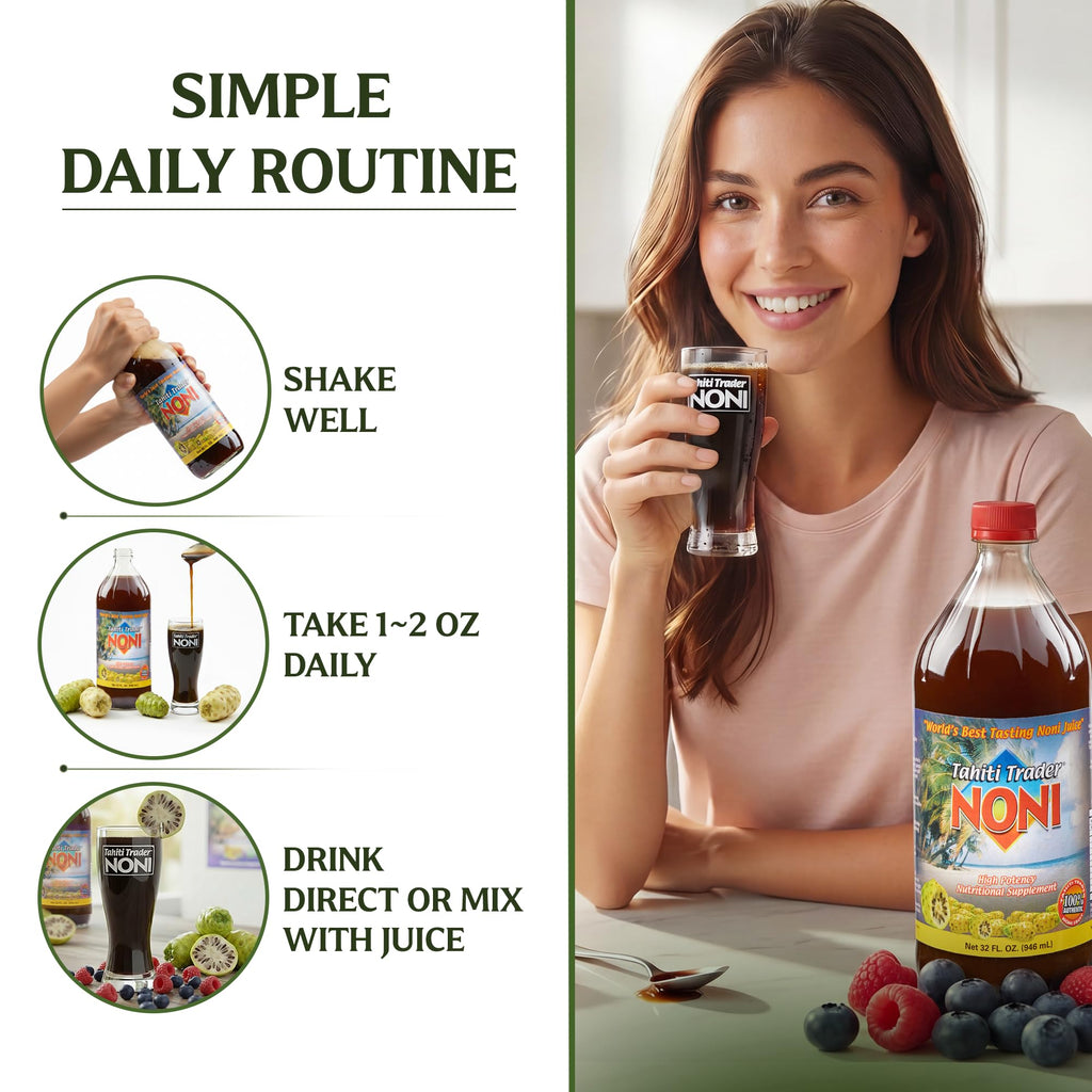 Authentic USA imported Tahiti Trader noni juice twin pack glass bottles side view